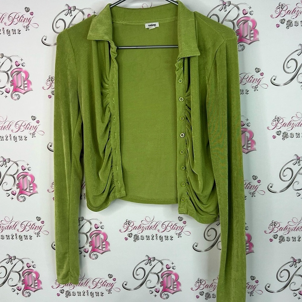 Garage button up crop top long sleeves Olive Button-Down Women's Shirt